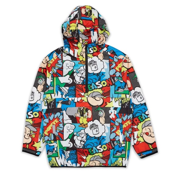 Reason Popeye Multicolor Graphic Jacket All Over Comic print Rain Windbreaker - Picture 2 of 10